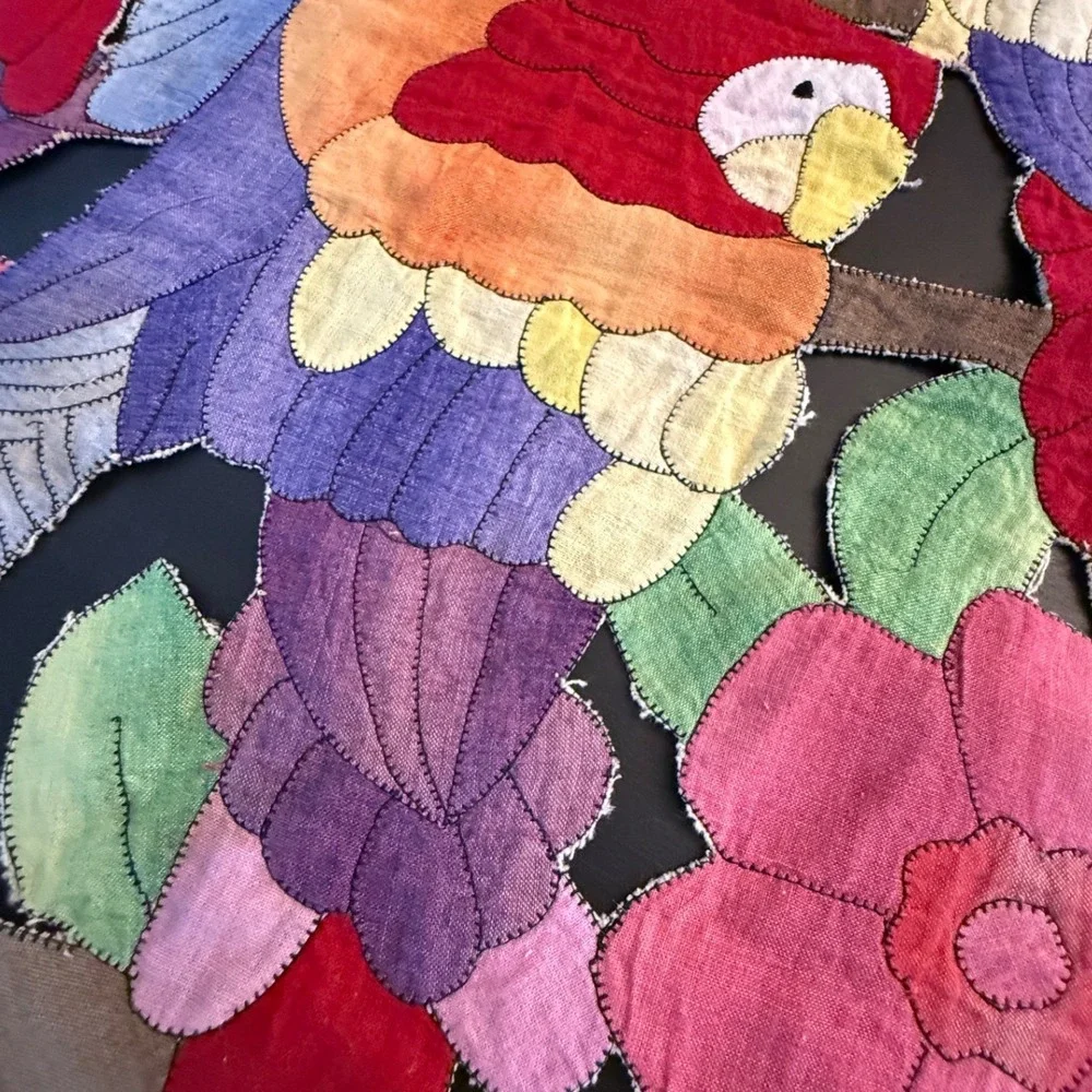 Vintage Mola Style Applique Parrot Table Runner Tropical Floral‎ Hand Stitched